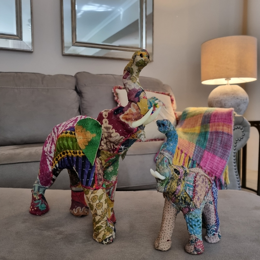 Boho Elephant set of 2 Pattern Fabric Material mother and baby Decor - Picture 2 of 9